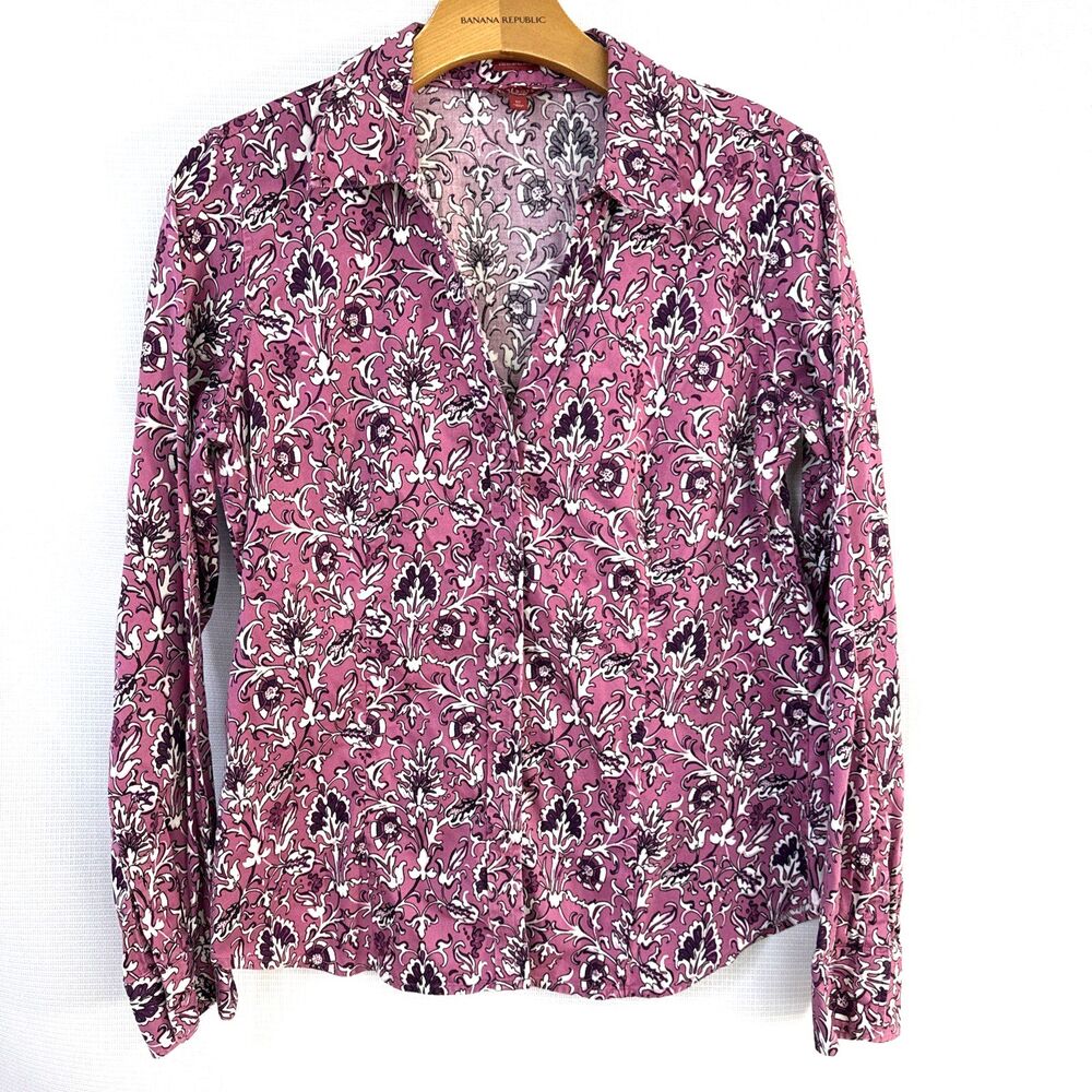 Talbots Haberdashery blouse button stretch cotton sateen pink/purple floral - 12